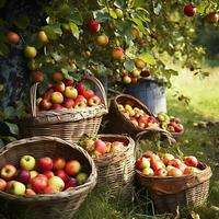 harvest of red apples in wicker basket near apple tree in garden generative ai photo