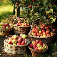 cosecha de rojo manzanas en mimbre cesta cerca manzana árbol en jardín generativo ai foto