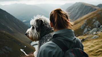 rear view of woman hiking with fluffy bearded gray dog in mountains in autumn pet adoption traveling with dog generative ai photo