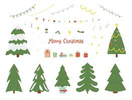 Collection of Christmas objects. Set with toys, gift boxes, balls, garlands, xmas trees isolated on white background. Vector illustration in flat style.