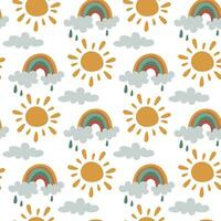 A pattern of clouds, sun, rainbow, rain on a white background. Rainbow seamless pattern, cartoon vector illustration. Children's texture for printing on fabric and paper. Gift packaging