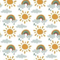 A pattern of clouds, sun, rainbow, rain on a white background. Rainbow seamless pattern, cartoon vector illustration. Children's texture for printing on fabric and paper. Gift packaging