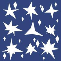 A set of white stars on a blue background. Bright sparks in the sky, the symbol of fireworks, the glow of a star. Shimmering decoration, glowing light effect, bright flash. Vector illustration