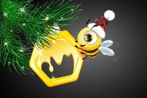 Green fir tree branch with Christmas ornament honeycomb and cute fluffy bee character in Santa hat vector