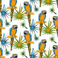 tropical loro aves con resumen hojas en un blanco antecedentes. sin costura exótico elegante modelo. de moda colores. ideal para impresión en tela y fondo de pantalla. grande loros en un rama vector