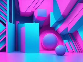 3d render, abstract ultraviolet background, pink violet neon cube perspective view, simple square geometric shape, cubic cage stand inside the dark empty, Generative AI photo