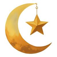 Islamic Golden Crescent Moon and Star Isolated Hand Drawn Painting Illustration vector