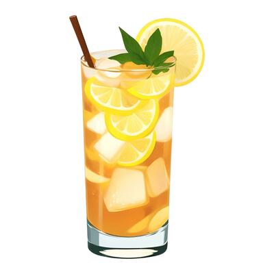 Lemon Tea with Ice and Garnish Isolated Detailed Hand Drawn Painting Illustration