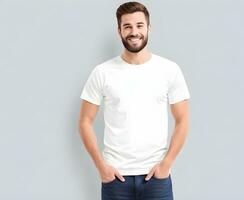 Young man wearing blank white t shirt mockup print presentation mockup ai generate photo