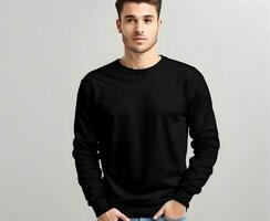 Young man wearing blank black sweater mockup print presentation mockup ai generate photo