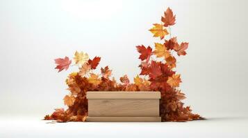 wood pedestal podium on natural dry autumn leaves, minimalist product show case podium. photo