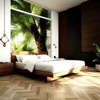 moderno dormitorio con de madera cama y ventana ligero foto