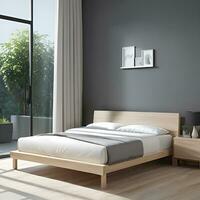 Modern Bedroom with Wooden Bed and Window light photo