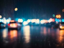 Abstract blurred night city on road, Blur urban city street road with raining and lighting bokeh for background photo