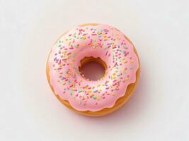 Flat lay pink donut decorated with colorful sprinkles isolated on white background, Top view, 3D rendering photo