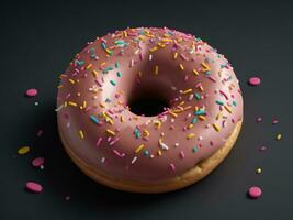 Sweet chocolate donut with colorful sprinkles isolated on white background. Top view, 3D rendering photo