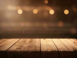 Empty rustic wooden table top with lights bokeh, Dark brown background photo