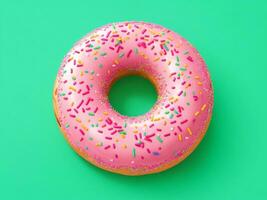 Sweet pink donut with sprinkles isolate on green background, 3D rendering photo