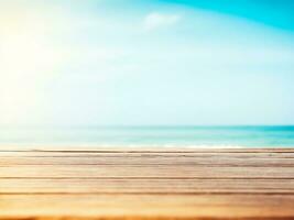 Wooden table with blur background. Blurred summer background photo