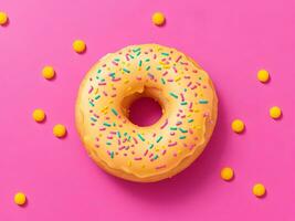 Delicious yellow donut with multicolored sprinkles on a pink background, 3D rendering photo