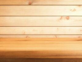 Empty wood table with wood wall in background photo