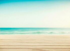 Wood table top on blue beach background, Empty ready for your product display montage photo