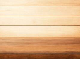 Empty brown wood board panels table top with light wood wall background photo