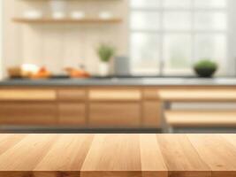 Wooden table on blurred kitchen background, Wooden design kitchen blurred background photo