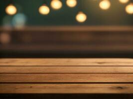Empty wooden table in front of abstract blurred background of food restaurant photo
