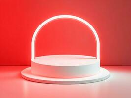 Empty round white podium with neon lighting on red background photo