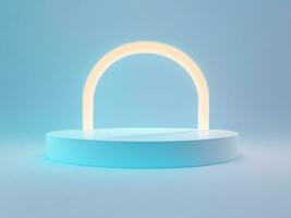 Empty round blue podium with neon lighting on blue background photo