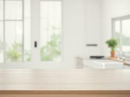 Empty wooden table top with blur kitchen window background, White modern kitchen background photo