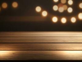 Empty wooden table and blurred background of cafe with bokeh lights photo