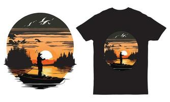 Arts work of T-shirt design, fishing boat on calm lake  trendy t-shirts vector