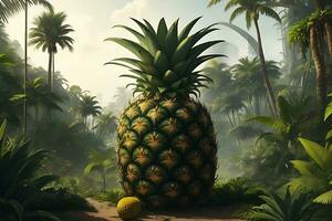 Large size of Pineapple in the natural futuristic jungle background photo