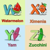 Set of fruits and vegetables mascot alphabet cartoon vector icon illustration