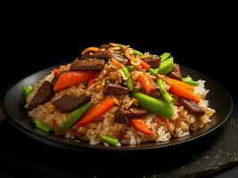 A Plate of Chinese rice with a pile of Chinese beef and vegetables on top on black background photo