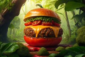 Hamburger tomato onion with cheese dripping in the natural jungle background photo