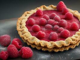 Raw raspberry pie on the wooden table photo