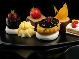 A plate of desserts with chocolate on a cutting board photo