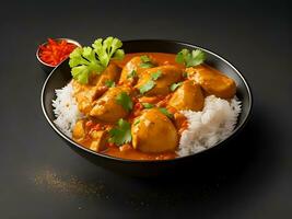 A bowl of butter chicken curry with rice on black background photo
