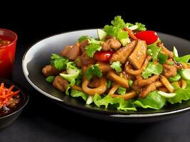 A plate of Chinese food with salad on black background photo