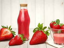 A few bottles of strawberry juice, strawberries, and strawberries are on a wooden table photo