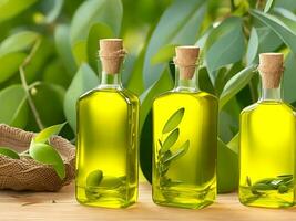 A series of bottles of olive oil with leaves in the background photo