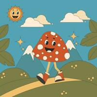 Groove retro poster sun cute mushroom walk in nature. Vector illustration poster in retro hippie style of the 1970s