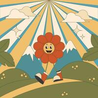 Groovy retro poster flower cute character walk in nature. Vector illustration poster in retro hippie style of the 1970s