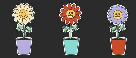 Set Retro groovy hippie flowers in the style of 1970. Cartoon chamomile in a pot on a black background. Vector illustration