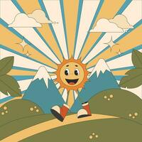 Groovy retro poster sun cute character walking in nature. Vector illustration poster in retro hippie style of the 1970s