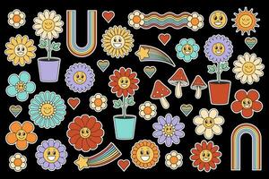 Groovy retro elements and characters sticker pack set, Cute smiling vintage flowers, mushrooms, sun, rainbow. Vector illustration on black