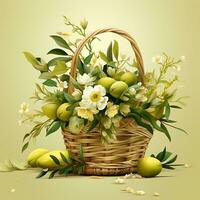 Realistic light olive basket design with Flower Generated by Ai photo